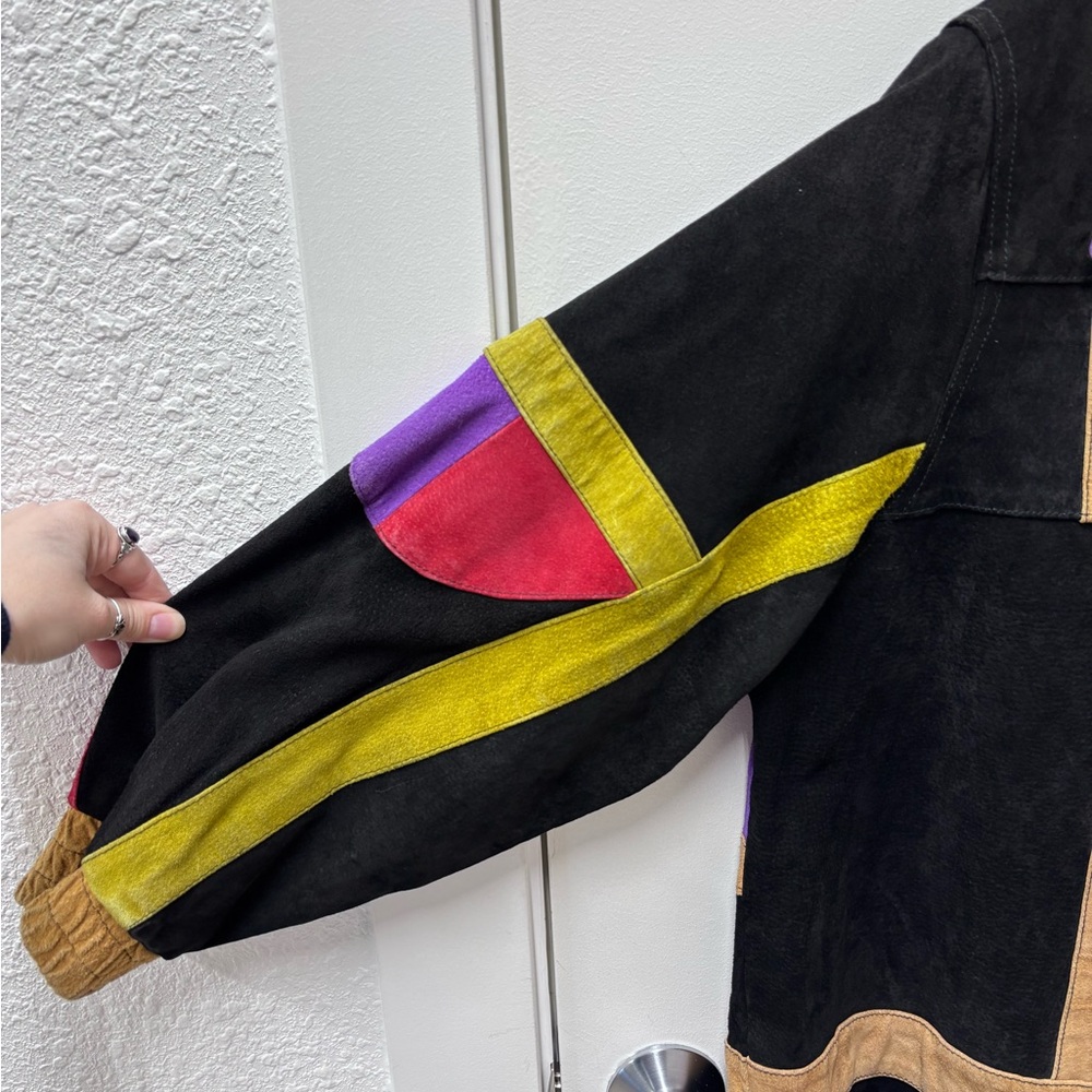 Vintage 1980s Roaman's Color-Block Long Suede Geometric Jacket - Picture 3 of 9